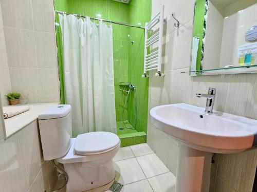 姆茨赫塔Hotel Magdalena的浴室配有卫生间、盥洗盆和淋浴。