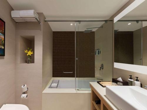 勒克瑙勒克瑙勒克瑙格姆提纳加诺富特酒店的带淋浴和盥洗盆的浴室