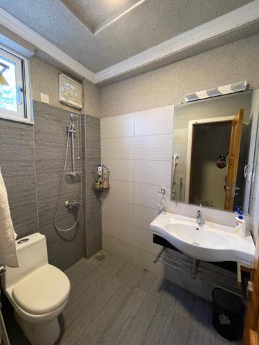 布尔班Swiss Cottage Bhurban的一间带水槽、卫生间和镜子的浴室