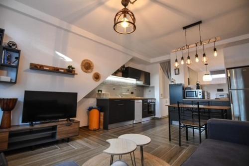 萨摩斯Passatempo Apartment Ireon的带电视的客厅和厨房。