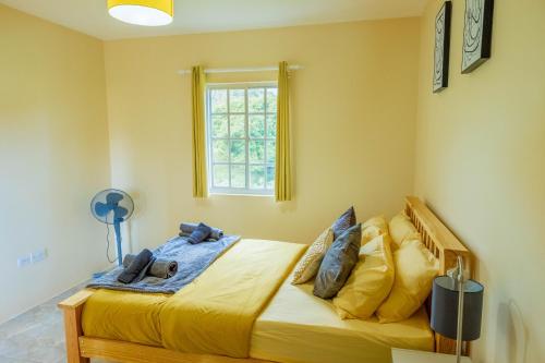 Arnos ValePierocks Highgate Entire house Free Parking and WI-FI的一间卧室配有一张带黄色床单的床和一扇窗户。