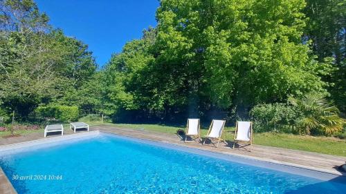 萨莱Domaine de Cachaou Logis du Pujeau sauna & spa piscine chauffée的游泳池旁设有三把躺椅