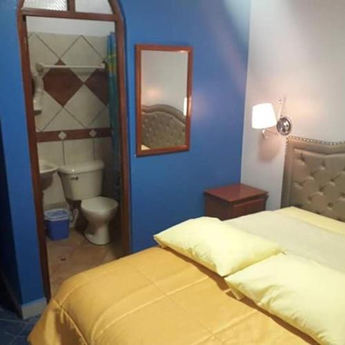 阿亚库乔HOSPEDAJE KAROL的一间卧室配有一张床、一个卫生间和一面镜子