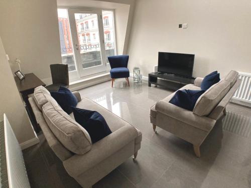 贝尔法斯特Cathedral Quarter Apartments的客厅配有两张沙发和一台电视