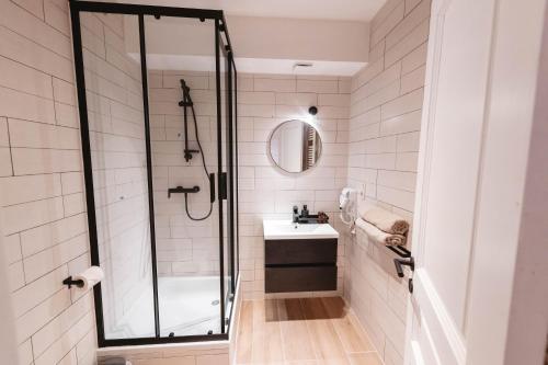 布鲁塞尔K-suites的带淋浴和盥洗盆的浴室