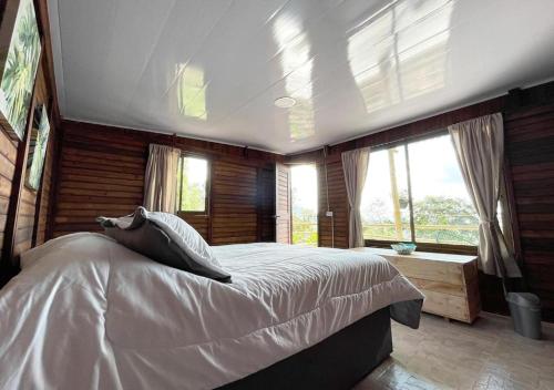圣弗朗西斯科Yaque Glamping的一间带一张大床的卧室,位于带窗户的房间内