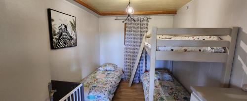 滨海拉塞讷Siber & Sandrine的一间卧室配有两张双层床和一张婴儿床。