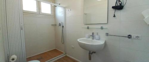卡利亚里狮子座住宿加早餐旅馆的白色的浴室设有水槽和淋浴。