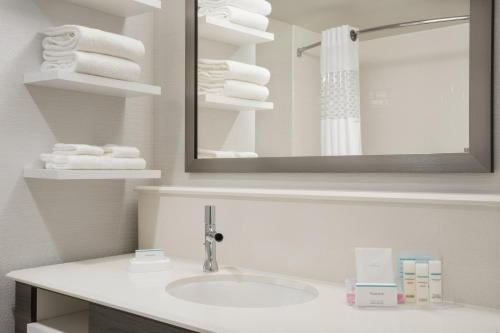 西得梅因西德梅因磨思维克欢朋酒店的浴室配有盥洗盆、镜子和毛巾