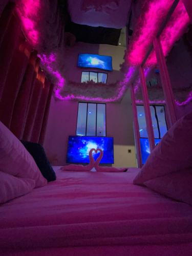 奥贝维利埃Le BLUE的一间卧室配有一张紫色灯床