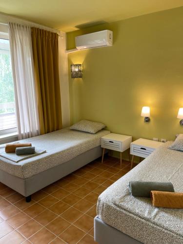 洛泽内茨AMADINA GARDEN - Bed & Breakfast or Half Board的酒店客房设有两张床和窗户。