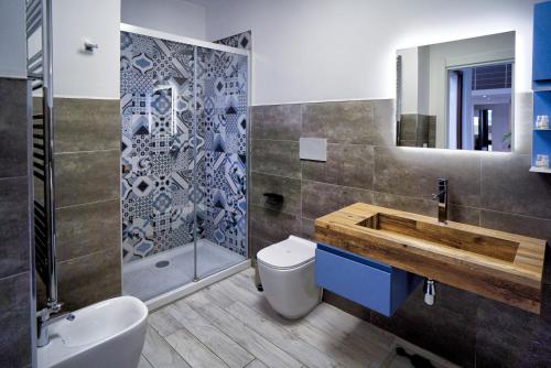 布林迪西Alivi Indipendent Apartment的一间带水槽、卫生间和淋浴的浴室