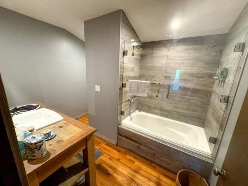 韦恩斯维尔Appalachian Farmhouse- A Homestead Experience的浴室配有盥洗盆和浴缸。