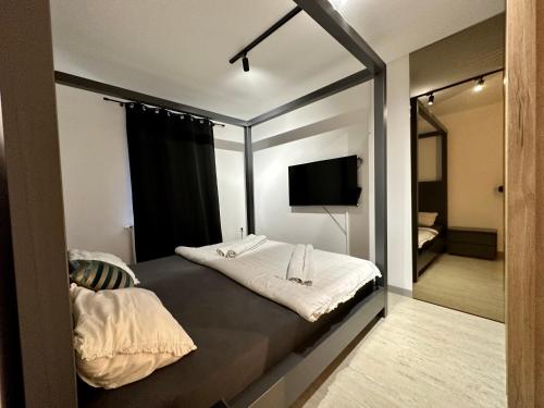 萨拉热窝Villa Coco的客房设有一张带镜子的床和一台电视