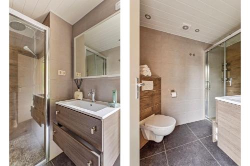 PosterholtLuxe Bos bungalow met Airco的浴室设有水槽和卫生间,两幅图片