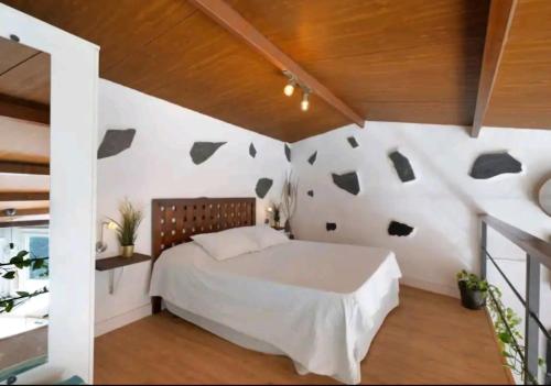埃尔米瓜Casa Tajaraste的一间卧室设有一张床和一面岩石墙
