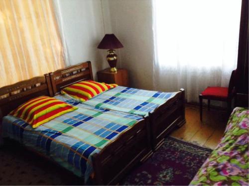 哥里塔马宾馆的一间卧室配有一张带两个色彩缤纷的枕头的床