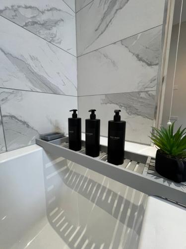 巴恩斯利The perfect place的浴室的架子上装有三瓶黑瓶