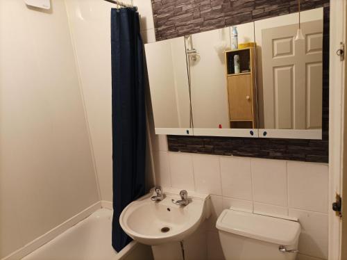 伦敦UnknownRooms的一间带水槽、卫生间和镜子的浴室