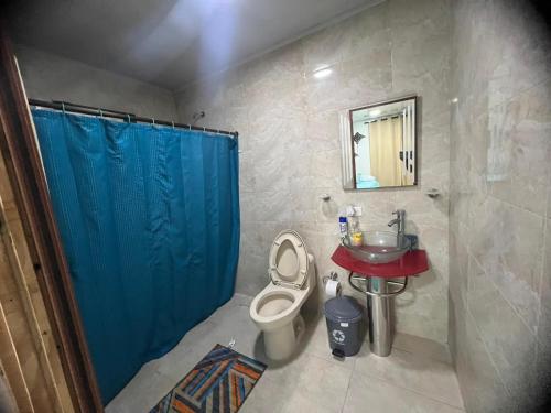 BuenavistaBella Marcela的浴室设有卫生间和蓝色的浴帘。
