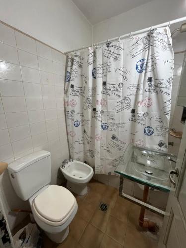 卡塔马卡FR ALOJAMIENTOS, rojas 329的一间带卫生间和淋浴帘的浴室
