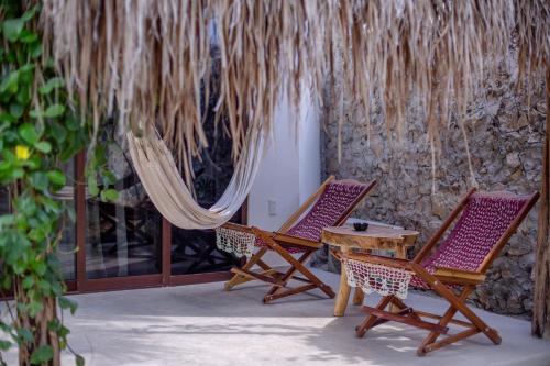 巴卡拉尔Casa Cactus Buenavista的庭院里设有两把椅子和一张桌子