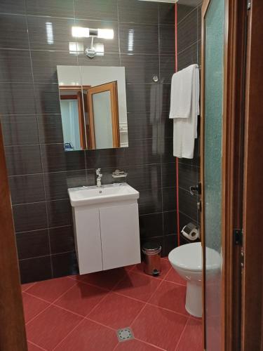 特罗扬Семеен хотел МАРС的一间带水槽、卫生间和镜子的浴室