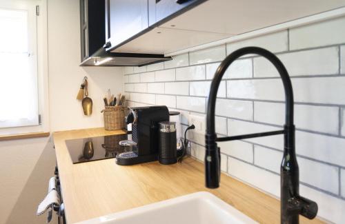 维尔德豪斯Chalet Bergblick的厨房柜台设有水槽和水龙头