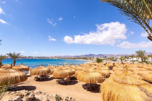 沙姆沙伊赫Swissôtel Sharm El Sheikh All Inclusive Collection的海滩上的一束草伞