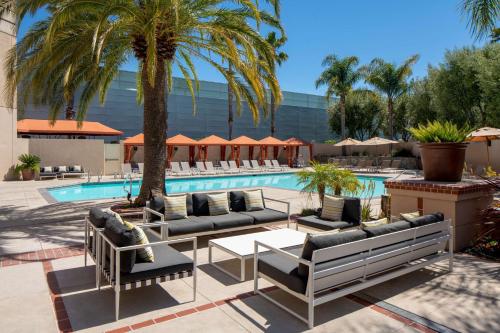 圣克拉拉圣克拉拉凯悦酒店的一个带躺椅的度假村游泳池,并种植了棕榈树