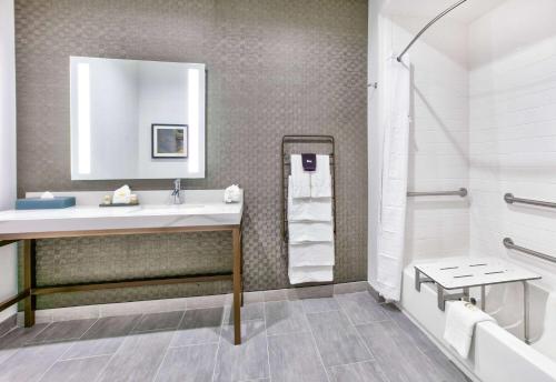 特勒尔La Quinta Inn & Suites by Wyndham Terrell的一间带水槽和淋浴的浴室