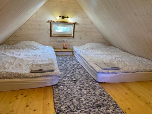 ReiuReiu majake的阁楼卧室配有两张单人床和地毯。