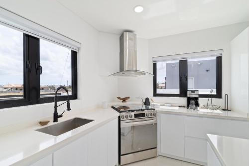 奥拉涅斯塔德Tanki Leendert 43K的白色的厨房设有水槽和炉灶。