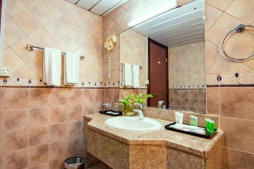 马斯喀特Garden Hotel Muscat By Royal Titan Group的一间带水槽和大镜子的浴室