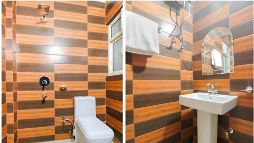 新德里Airport Hotel Peebles的一间带木墙、卫生间和水槽的浴室