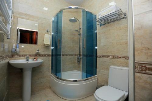 撒马尔罕KAMILA Hotel Boutique的带淋浴、卫生间和盥洗盆的浴室