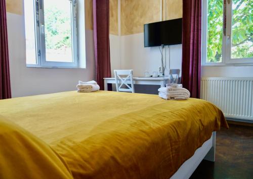 克拉约瓦Vila Alfredo的一间卧室配有一张黄色的大床和毛巾