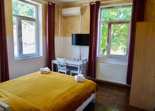 克拉约瓦Vila Alfredo的一间卧室设有黄色的床和2个窗户。