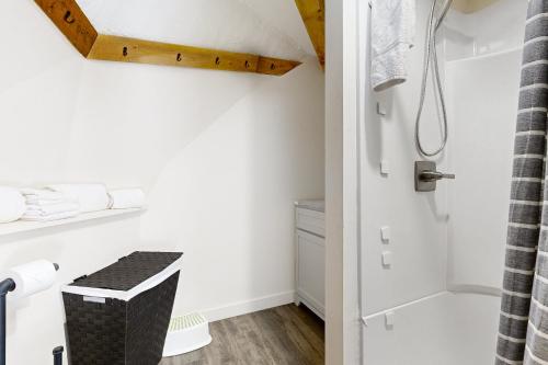 TrevettThe Dome House的带淋浴、卫生间和盥洗盆的浴室