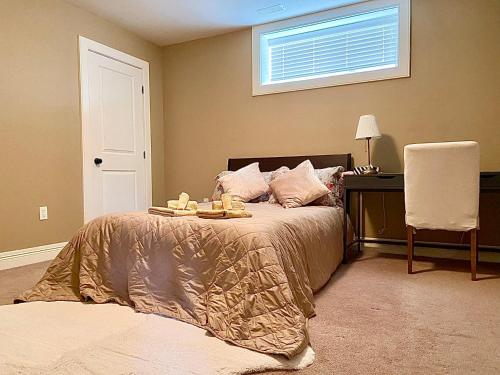 哈利法克斯Cozy and stylish entire suite in Halifax的一间卧室配有一张床、一张书桌和一个窗户。