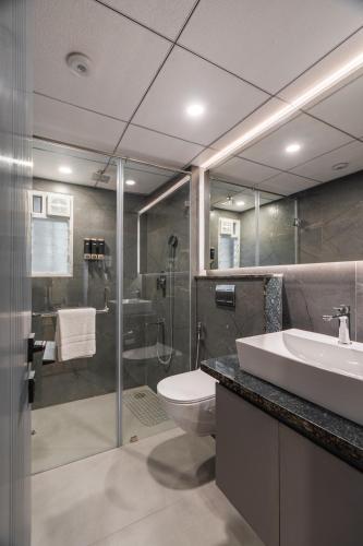 班加罗尔Pelican Inn的浴室配有卫生间、盥洗盆和淋浴。