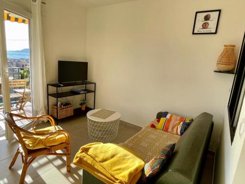 勒普拉代Appartement cosy vue mer à 50 m de la plage - refait à neuf et climatisé的客厅配有绿色沙发和电视