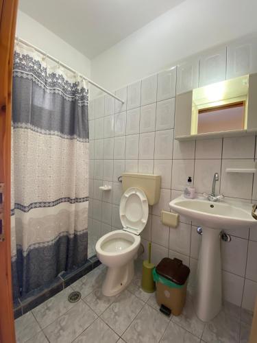 奥林匹亚基·阿克蒂Villa Ilias的一间带卫生间和水槽的浴室