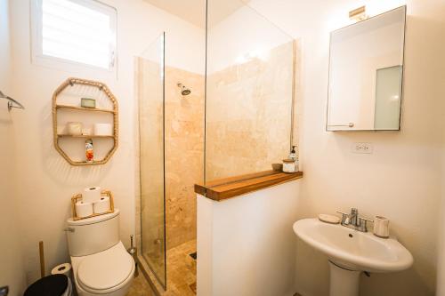 圣胡安Boho Oasis by the Beach的浴室配有卫生间、盥洗盆和淋浴。
