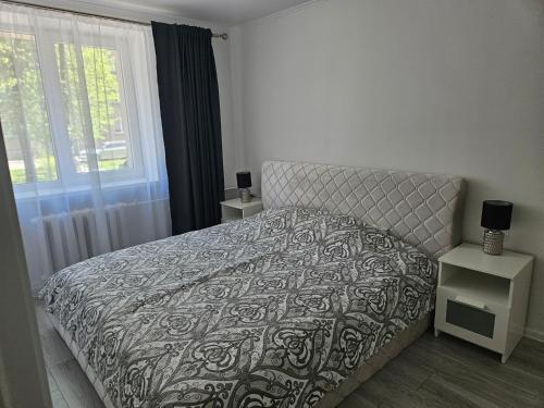 陶格夫匹尔斯Central Space的一间卧室配有一张带床罩的床和窗户