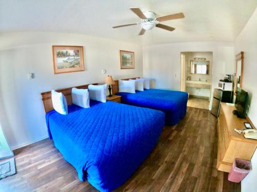 布鲁金斯野河汽车旅馆的一间卧室配有2张蓝色的床和吊扇