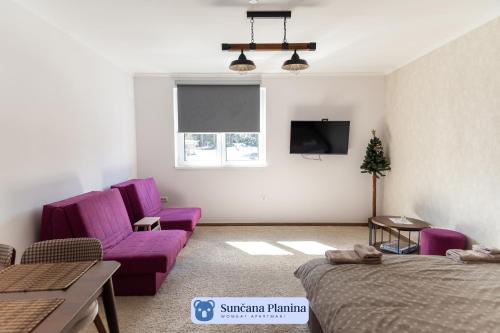 科帕奥尼克Sunčana Planina - Apartmani Wombat的客厅配有紫色家具和电视