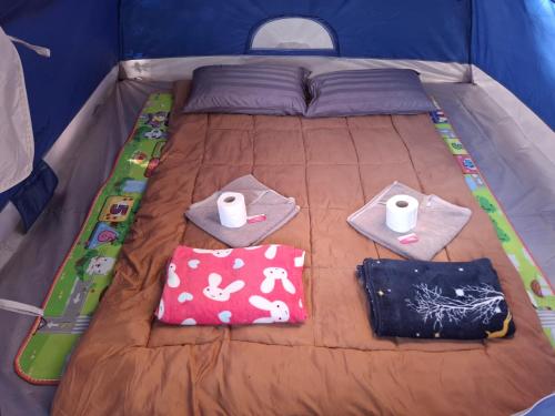 班泰双石旅馆的帐篷内的一张床位,配有毛巾和枕头