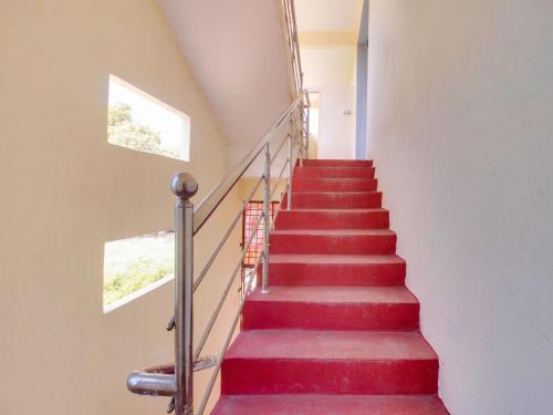 PargiG7 Residency的楼梯,带红色地毯的楼梯,带两个窗户