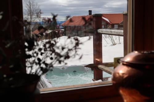 FryksåsFryksas Chalet的从窗户可欣赏到积雪覆盖的庭院的景色